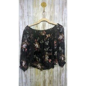 White House Black Market Black Floral Burnout Velvet Off Shoulder Top Silk XL